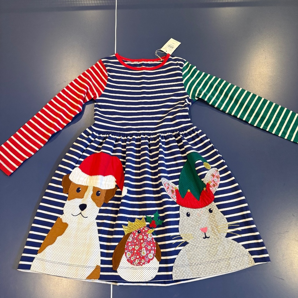 Size 8-9 Mini Boden Applique Hopscotch Dress in Blue/Ivory Festive Scene
